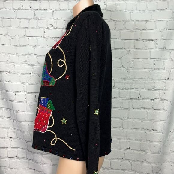 Vintage Embroidered Beaded Ugly Christmas Sweater Stocking themed Cardigan Large - Picture 5 of 8